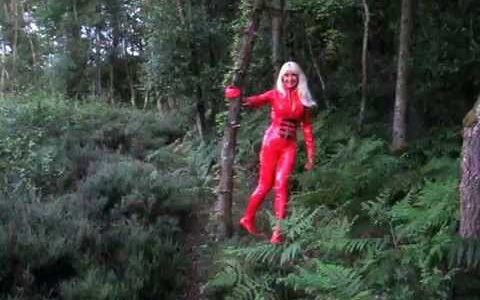 Red PVC Catsuit in the woods